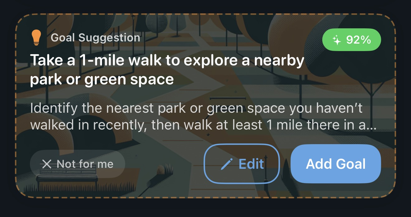 Goal Suggestion card showing a personalized recommendation with 92% match percentage